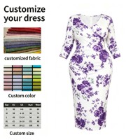 Robe midi moulante élégante à imprimé floral blanc et violet, col en V, manches 3/4, pour le bureau, les fêtes, les occasions formelles, taille personnalisée disponible