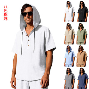 Cross Border Men's Summer <b>Linen</b> Hooded Henley <b>Shirt</b> <b>Short</b> <b>Sleeve</b> Breathable Casual Loose Fit Sport Wear - Product Image 4