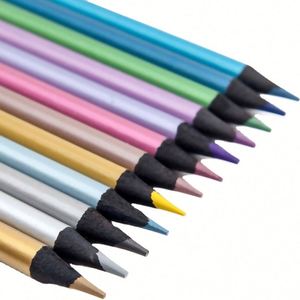 Juego de Lápices de Colores Metálicos Negros de 12 Colores en Oferta, Diseño de Logotipo Personalizado para Dibujo, Lápices Redondos Promocionales - Product Image 2