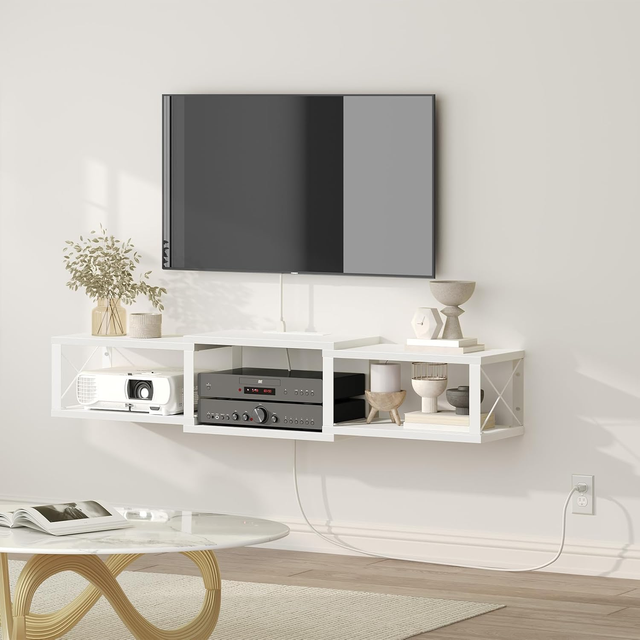 Wall-Mounted Floating Entertainment Center with Power Outlet, 43.7" Media Shelf for Living Room & Bedroom