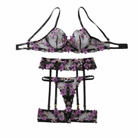 Ensemble de lingerie sexy en dentelle brodée violette française, soutien-gorge push-up réglable, transparent, fin, vêtements intimes érotiques pour femmes