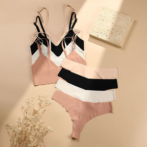 Ensemble de soutien-gorge respirant sans couture en non-tissé pour femmes, col en V, string taille basse, design antibactérien, écologique, pour les gros seins - Product Image 1