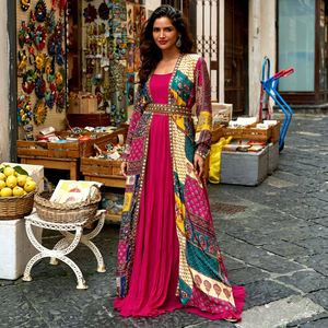 Vestido Maxi de Georgette con Estampado Bohemio y Parches para Mujer, con Chaqueta Larga, Estilo Indio-Pakistaní, de Secado Rápido - Product Image 1