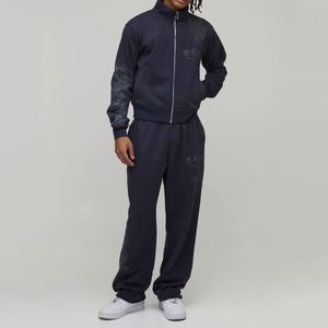 Dark Grey Printed Winter Hooded Windbreaker Jacket Cuffed <b>Pants</b> Custom Men Two-Piece Tracksuit 100% Cotton Fleece Lining - Product Image 5
