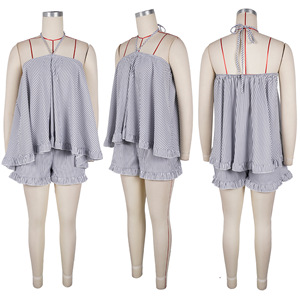 Women's Striped Halter Neck Ruffle Hem <strong>Flowy</strong> <strong>Top</strong> And Shorts 2 Piece Set Sehe Fashion - Product Image 4