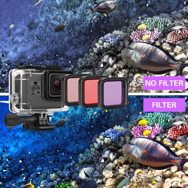 HONGDAK Gopros Hero 9/hero 10 Waterproof case with 3PCS Red Pink Purple Filter Lens