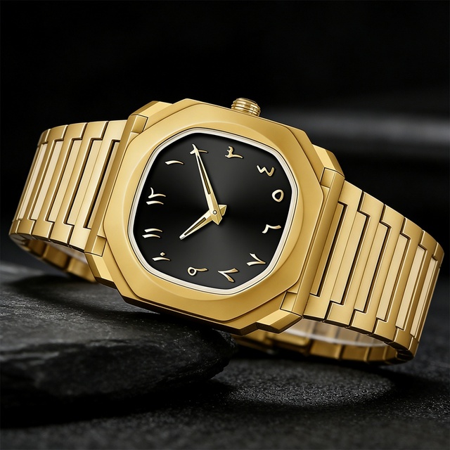 Men's Business Quartz Watch Gold Plastic Case Black Ultra Thin Large Dial Arabic Numerals Men's Watch Luxury Gift Box Set