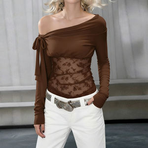 Camiseta de Mujer de Manga Larga con Hombros Descubiertos, Tejido Transpirable, Encaje y Parches, Ajuste Delgado, Estilo Club, Moda 2026 - ¡Gran Venta! - Product Image 4