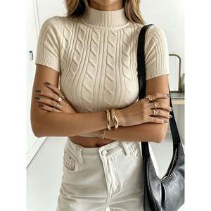 Suéter de Punto Trenzado con Cuello Alto y Manga Corta Color Leche Talla XS para Mujer - Product Image 2