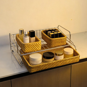Handmade Rattan Storage Basket Multi Layer Stainless Steel <b>Desk</b> Organizer For Cosmetics And Toiletries - Product Image 2