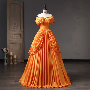 Orange Off The Shoulder Evening Gown Empire Waist 3D Flowers Tutu Skirt For Performances And Ceremonies - Product Image 3