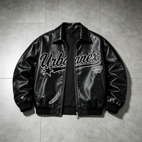 Veste de baseball en cuir noir avec logo personnalisé, style Urbanex, streetwear, broderie, veste bomber, fabricant OEM, marque privée