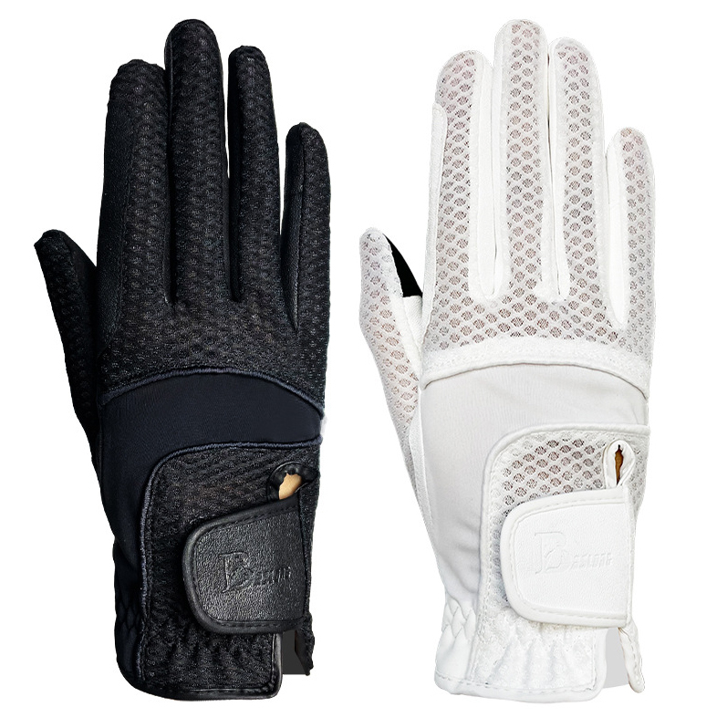 Laser-cut breathable matrix on custom riding gloves from horse riding gloves factory
