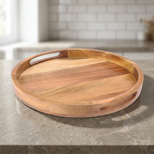 Plateau de service rond en bois massif, design minimaliste, durable, vaisselle de cuisine, décoration de table pour Ramadan et Eid, style unique, plateau en bois - Product Image 1