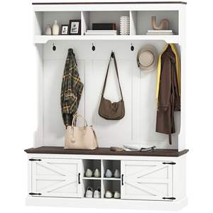 Mueble de recibidor 3 en 1 Db, diseño moderno, con gabinete de almacenamiento montado en la pared, perchero, banco y zapatero, acabado en veta de madera blanca - Product Image 1