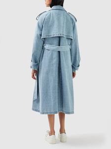 <span class=keywords><strong>Trench</strong></span> Coat Denim <span class=keywords><strong>Femme</strong></span> Oversize Long Double Boutonnage Ceinturé Bleu Clair Lavé Revers Maxi Veste Streetwear - Product Image 3
