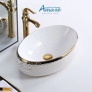 Vente directe <span class=keywords><strong>d</strong></span>'usine, vente en gros de sanitaires en céramique de luxe, lavabo ovale en céramique dorée pour salle de bain - Product Image 3