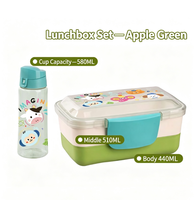 Boîte à lunch rectangulaire à double étage en plastique pour enfants, avec motif de dessin animé, ensemble bouteille d'eau et cuillère, portable, compatible micro-ondes