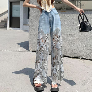 Nuevos pantalones de mezclilla de pierna ancha de cintura alta de verano para mujer, diseño informal multifuncional, encaje hueco multifuncional - Product Image 4