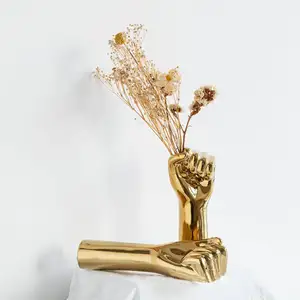 批发2020现代陶瓷花瓶豪华干花摆放Jarrones Dorados金色闪亮手形花瓶