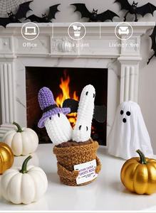 Plante en pot fantôme citrouille artificielle au crochet 2026, faite à la main, ornements de plantes en pot pour Halloween, cartes positives au crochet - Product Image 4