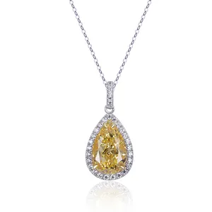 925 Silver Sterling Necklace Tear Drop Bright yellow carbon CZ Diamond solid pendant necklace