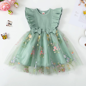 Vestido de verano casual sin mangas con cuello redondo para niñas, falda de <span class=keywords><strong>gasa</strong></span> con empalmes, estilo princesa, bordado floral, tratamiento suave, corte en A - Product Image 1