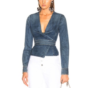 Chaqueta Vaquera de Mezclilla para Mujer, Estilo Elegante y Ejecutivo, Lavado Ácido Vintage, Corte Recortado, Escote en V Profundo - Product Image 1