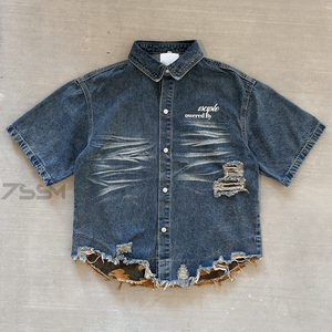 Streetwear giacca <span class=keywords><strong>camicia</strong></span> di <span class=keywords><strong>Jeans</strong></span> a manica corta Vintage strappata e lavata <span class=keywords><strong>camicia</strong></span> personalizzata con orlo grezzo con orlo abbottonatura camicie in Denim da <span class=keywords><strong>uomo</strong></span> - Product Image 1