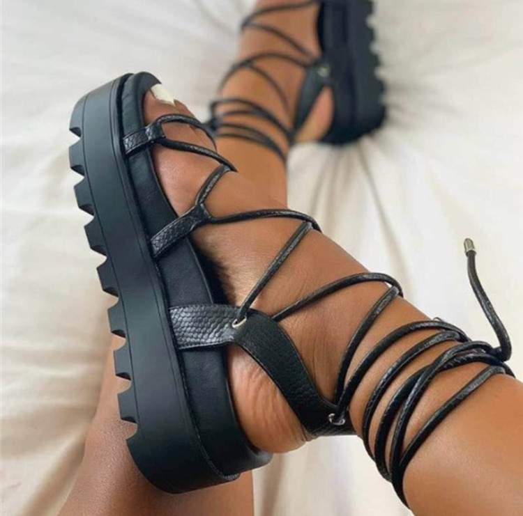 2021 new female summer student bandage flat bottom thick sole Roman sandals women lace up flat slide sandals