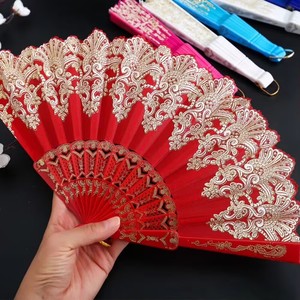 Chinese Style Hot Stamping Gold Flower Pattern Folding Fan Plastic Lovely Hand Fan with Love Style Toy Model
