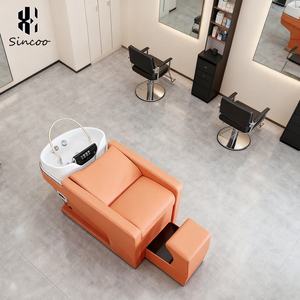 Lit de lavage semi-inclinable électrique en cuir synthétique orange avec réglage par pédale pour salon de coiffure et barbier - Product Image 4