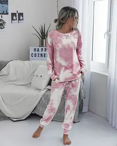 Autumn Winter Europe USA Fashion Womens Trendy Terry Cloth Tie Dye Printed Casual Lounge Wear Home Wear Knitted Sweat Suits