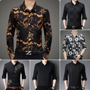 new fashion luxury silk casual long sleeve pattern design sexy slim fit velvet shirts soft thin comfortable men's shirts whole