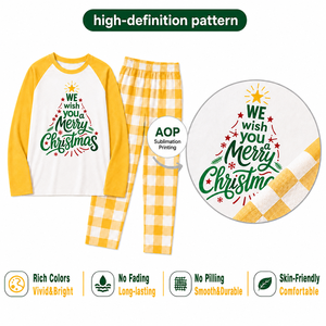 Ensemble de pyjamas assortis pour la famille en flanelle jaune à carreaux de Noël personnalisé, vêtements de nuit en polyester pour hommes, femmes et enfants, livraison directe POD MOQ 1PC - Product Image 2