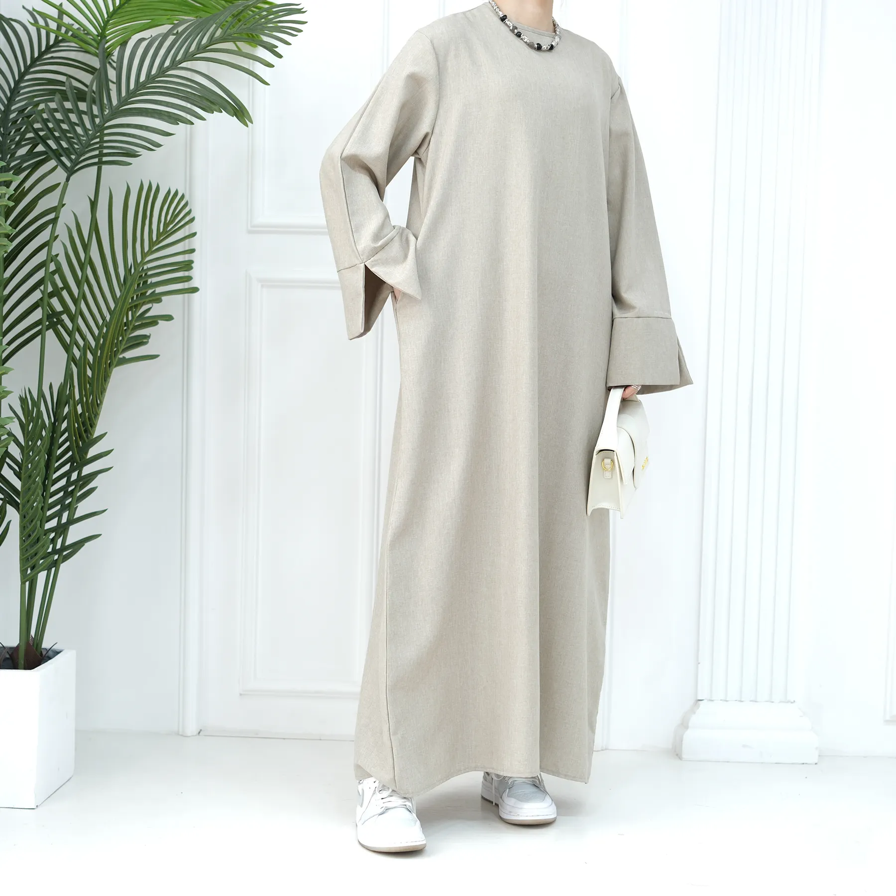 Cepler yan gevşek uydurma dubai abaya kadınlar müslüman elbise ile 2024 yeni tasarım kapalı pamuk keten abaya