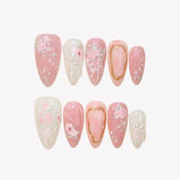 Ongles à presser en acrylique souple, forme amande, personnalisables, avec pointe française, paillettes roses et blanches, perles roses, cadre doré, qualité salon