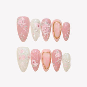 <span class=keywords><strong>Uñas</strong></span> Postizas Acrílicas Suaves <span class=keywords><strong>con</strong></span> Punta Francesa, <span class=keywords><strong>Glitter</strong></span> Rosa y Blanco, Perlas Doradas, Forma Almendrada, Calidad de Salón, Personalizables - Product Image 1