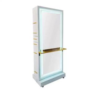 Hair Salon Furniture <b>Makeup</b> <b>Mirror</b> Double Sided Gold Stainless Steel Hairdressing Barber <b>Mirror</b> Styling Station with LED - Product Image 3