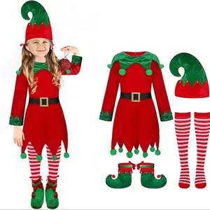 天鹅绒连衣裙圣诞老人助手服装圣诞节日服装儿童女孩圣诞精灵服装