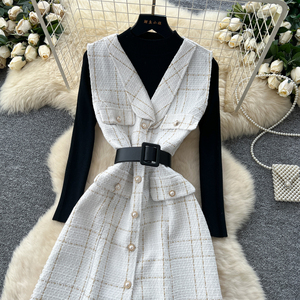 Robe-veste en tweed sans manches polyvalente pour femme, deux pièces, avec ceinture à nouer et <span class=keywords><strong>haut</strong></span> en tricot, élégante et <span class=keywords><strong>chic</strong></span> - Product Image 2