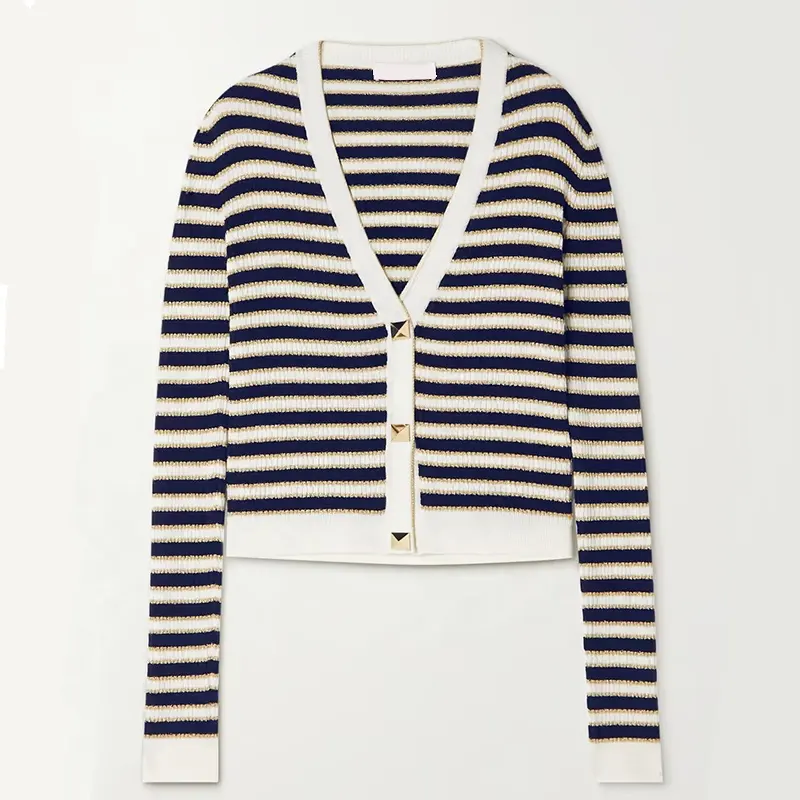 Knitwear manufacturer custom contrast gold thread blue and white stripe embroidery V neck long sleeve women wool knit cardigan