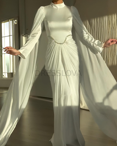 ชุดราตรีทรงเมอร์เมดหรูหราสำหรับผู้หญิง ประดับคริสตัลแบบดูไบ จับจีบพร้อมผ้าคลุม ชุดสำหรับพิธีต่างๆ  ชุดราตรีแบบมุสลิมสั่งตัดได้ - Product Image 4