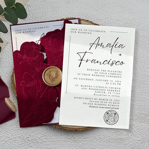 Inviti Matrimoniali Bordeaux 5x7 con Fiori in Rilievo su Velluto, Carte di Lusso con Stampa Tipografica per Eventi Nuziali - Product Image 3