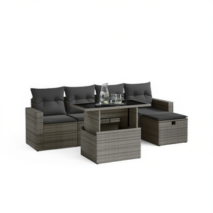 Ensemble de canapé de jardin élégant en rotin gris 6 pièces avec accoudoirs réglables, mobilier d'extérieur au design contemporain - Product Image 1