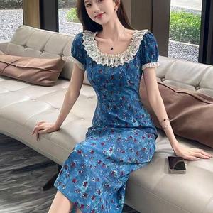 French Retro Blue Floral Print Dress Peter Pan Collar Slim Fit Vacation Wear Casual Dresses - Product Image 1