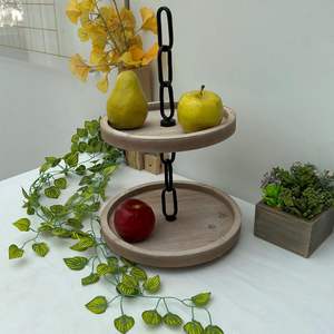 Plateau décoratif marron à deux niveaux Farmhouse Distressed-Support de plateau à plusieurs niveaux en bois élégant avec poignée en chaîne en métal-Service à 2 niveaux Tr - Product Image 4