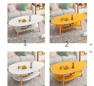 Table basse vintage en cuir, ovale, en chêne clair, minimaliste, à deux niveaux, avec étagère de rangement et pieds en bois évasés, moderne - Product Image 4