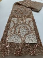 Tissu KC de luxe en forme d'éventail, avec paillettes, perles, dentelle en maille brodée, tulle infroissable et respirant pour mariage africain Aso Ebi