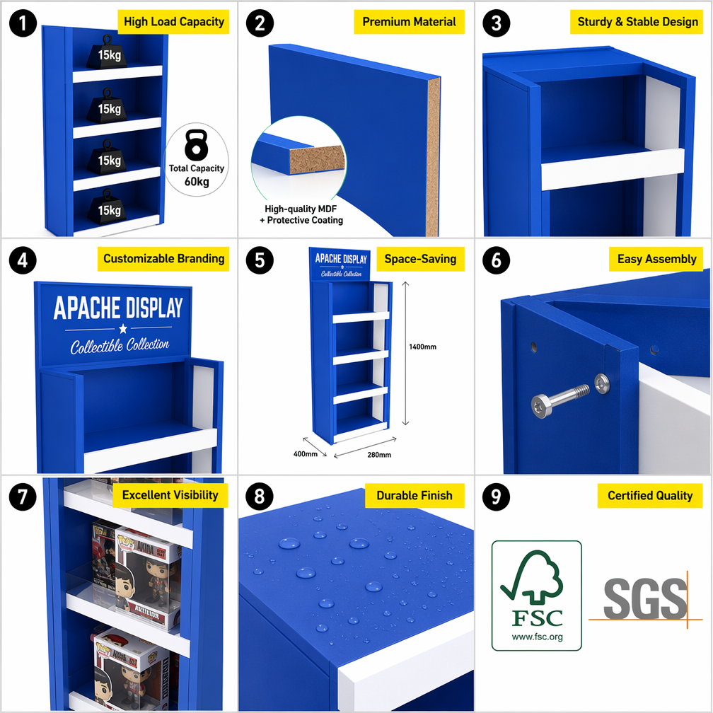 Apache Custom Toy Display Rack 4-Way 4-Tier Metal Figure Merchandiser Knock Down Rotating Stand for Retail Store OEM ODM — view 5